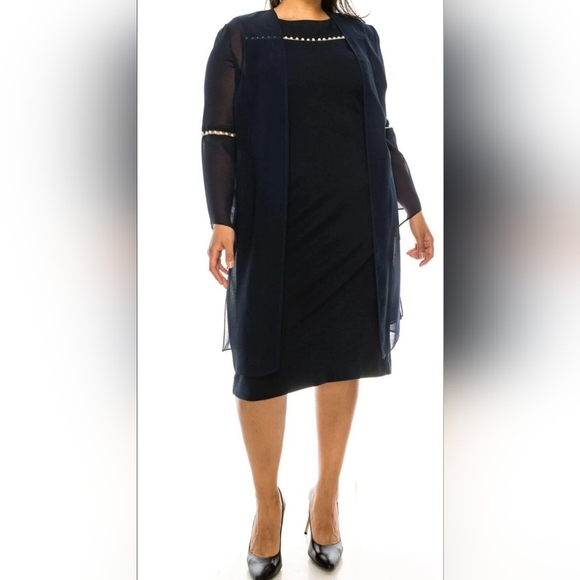 Maya Brooke Navy Pearl Accent Midi Dress Sheer Overlay Caftan 2pc Wedding Church - Picture 1 of 11